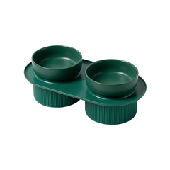 24x Ribbed Ceramic Double Pet Bowl 3pc Set - Emerald