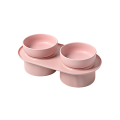 24x Ribbed Ceramic Double Pet Bowl 3pc Set - Pink