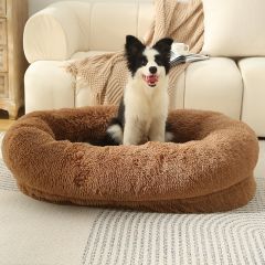 Fluffy Donut-Shaped Pet Bed- Soft, Cozy, and Anti-Anxiety for Dogs and Cats, Machine Washable khaki Size:S 60*15*18cm