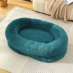 Fluffy Donut-Shaped Pet Bed- Soft, Cozy, and Anti-Anxiety for Dogs and Cats, Machine Washable cyan blue Size:L 90*65*20cm